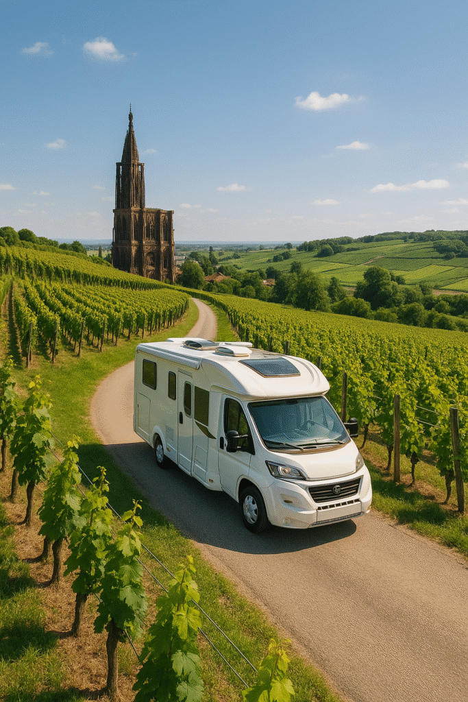 Camping-car devant un village alsacien fleuri